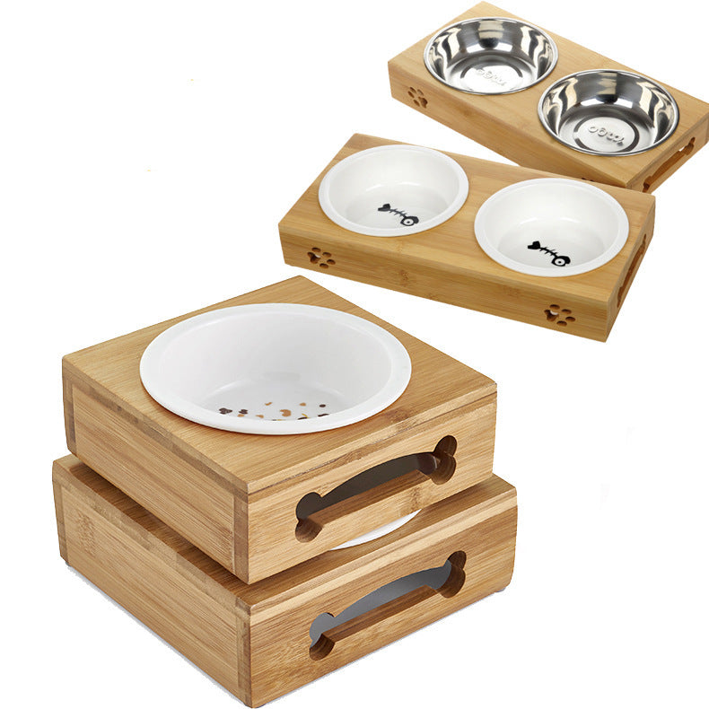 The pet dog bowl bowl bowl bowl three bowl of single double bamboo ceramic bowl hutchdog pet dog bowl stainless steel table